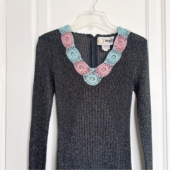 vintage • 1970s Wenjilli lurex maxi dress gown ribbed knit metallic sparkle 70s - Picture 3 of 11